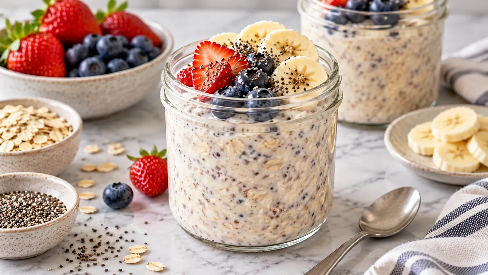 A jar of high-protein overnight oats topped with strawberries, blueberries, and banana slices