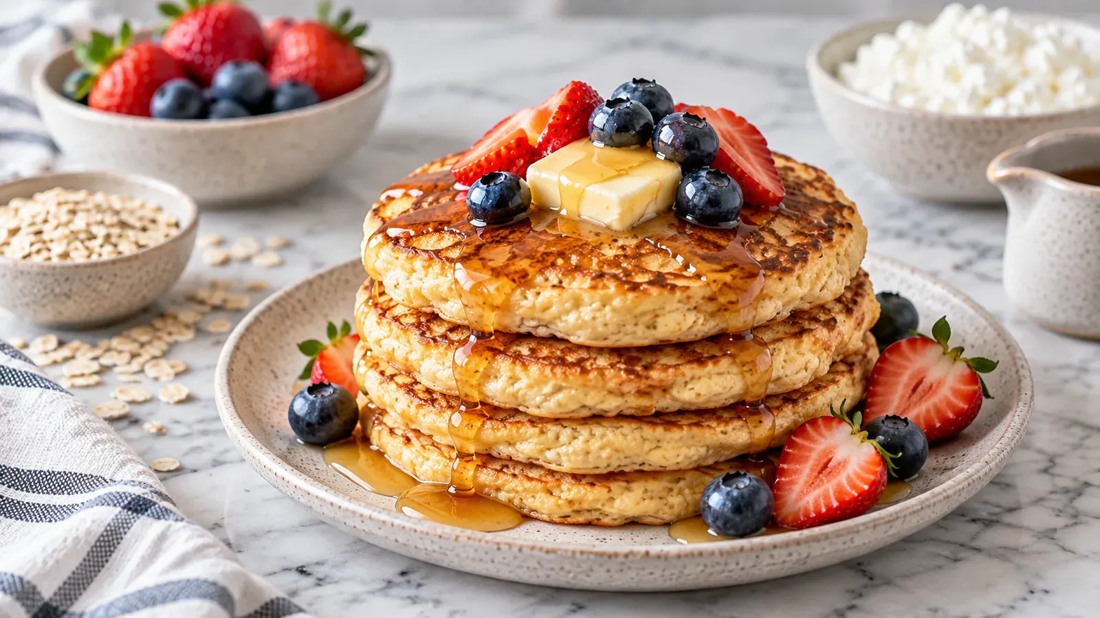 A stack of high-protein pancakes topped with butter, berries, and syrup