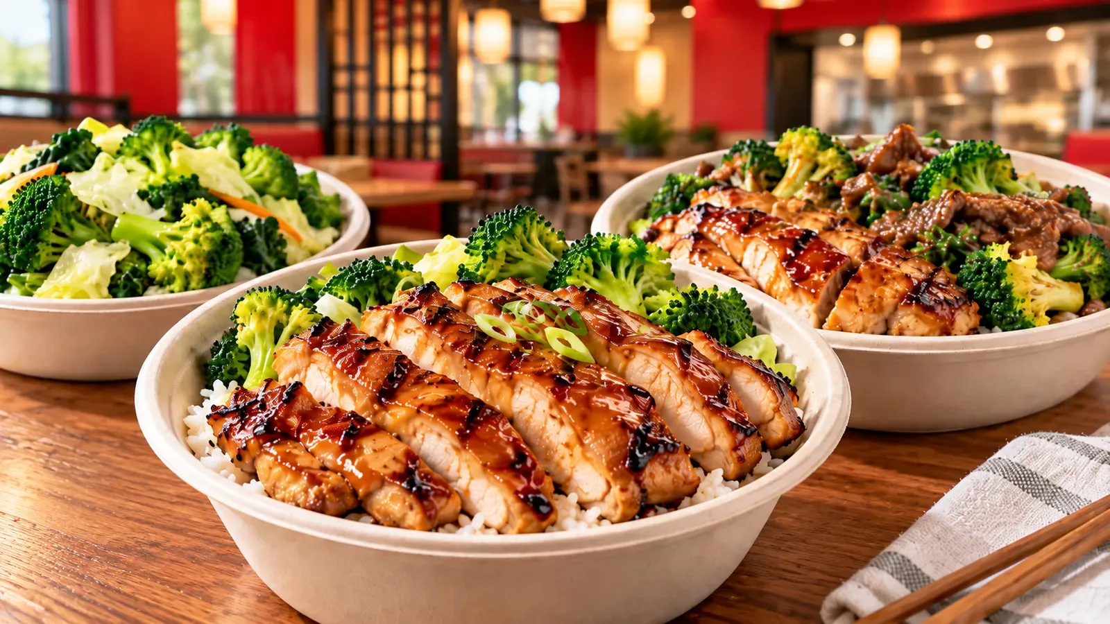 Panda Express-inspired high-protein spread with sliced teriyaki chicken over rice and broccoli, a broccoli beef bowl, and a bowl of stir-fried greens