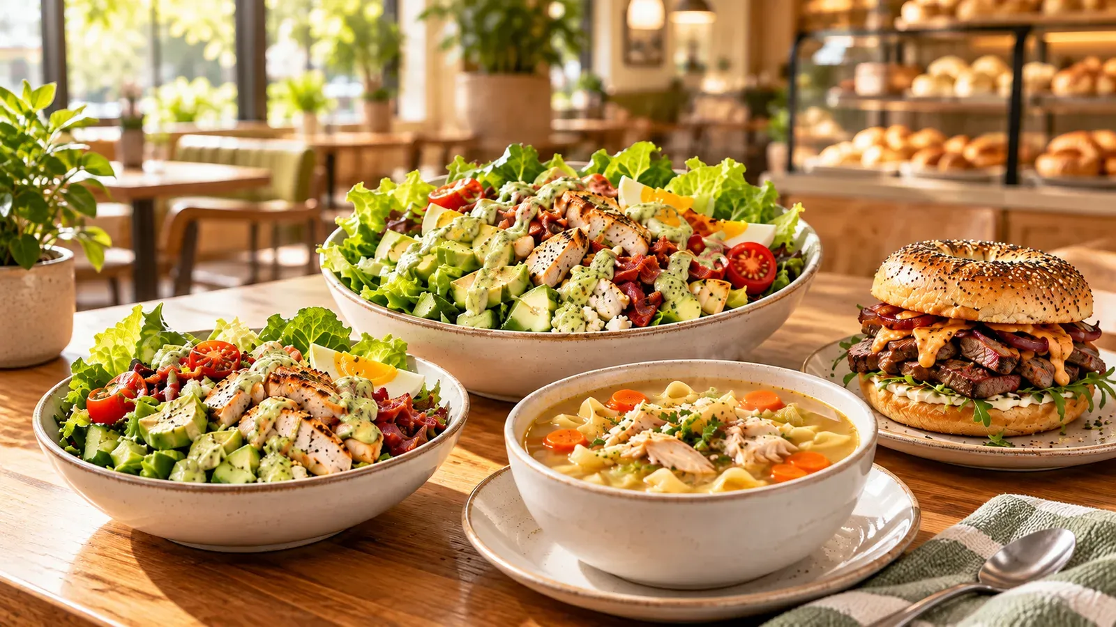 Panera-inspired high-protein spread with two green goddess Cobb salads with chicken, a bowl of chicken noodle soup, and a steak sandwich on an everything bagel