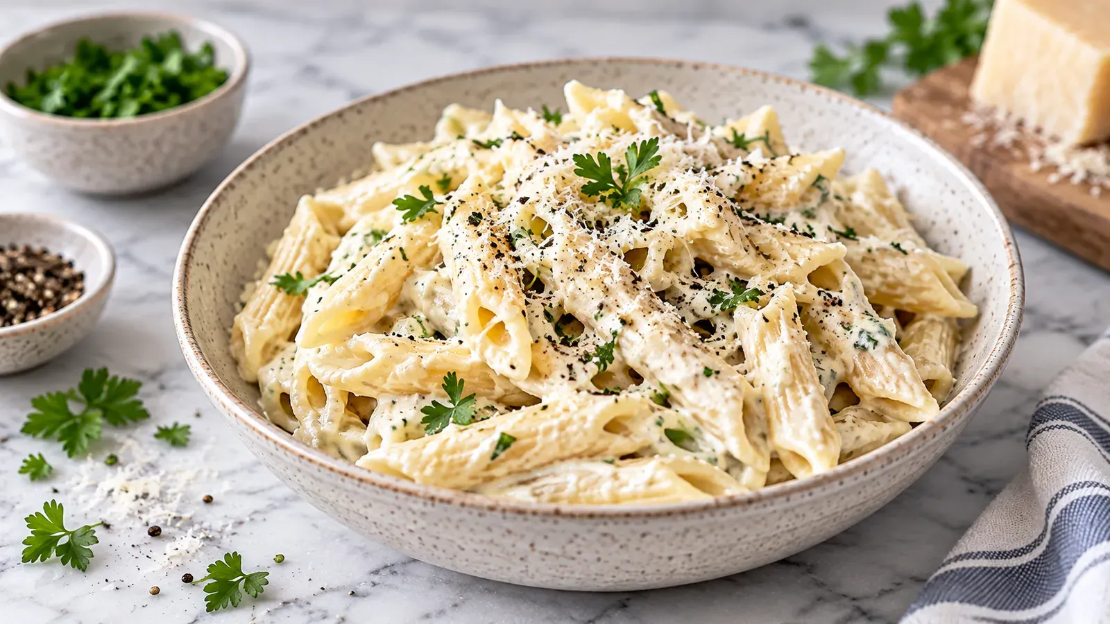 A bowl of high-protein pasta in a creamy sauce, topped with parmesan, black pepper, and fresh parsley
