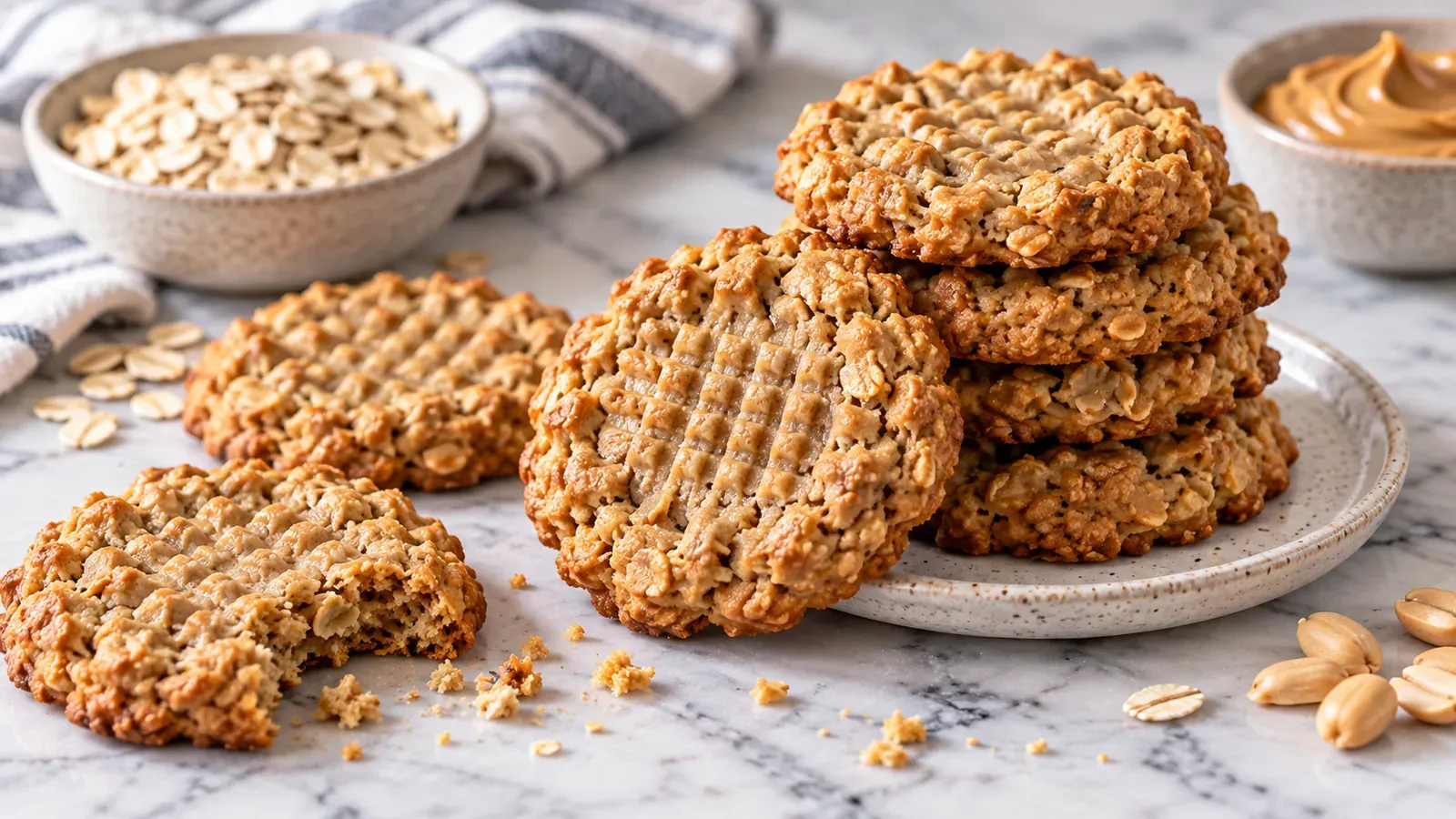 A stack of high-protein peanut butter oatmeal cookies with a fork-crossed pattern on top, one cookie broken in half