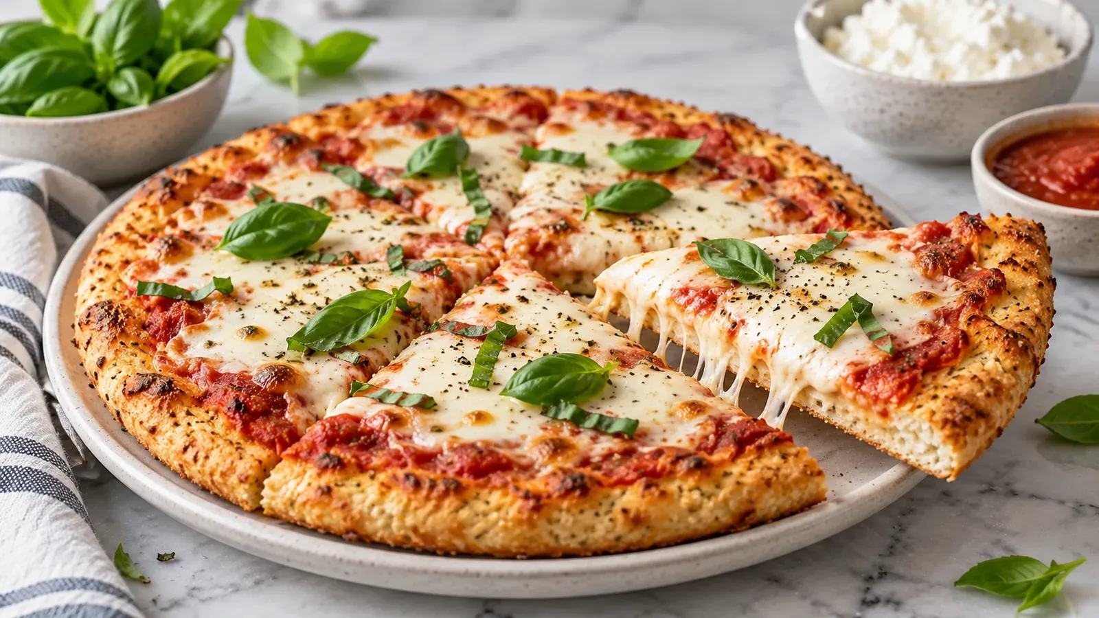 A high-protein cottage cheese crust pizza topped with mozzarella and basil, one slice pulled away showing a cheese pull