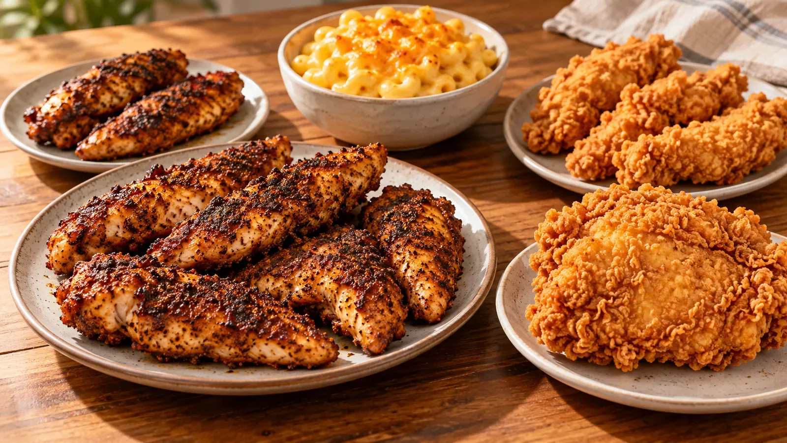 Popeyes-inspired high-protein spread with blackened chicken tenders, fried chicken tenders, a fried chicken breast, and a bowl of baked mac and cheese