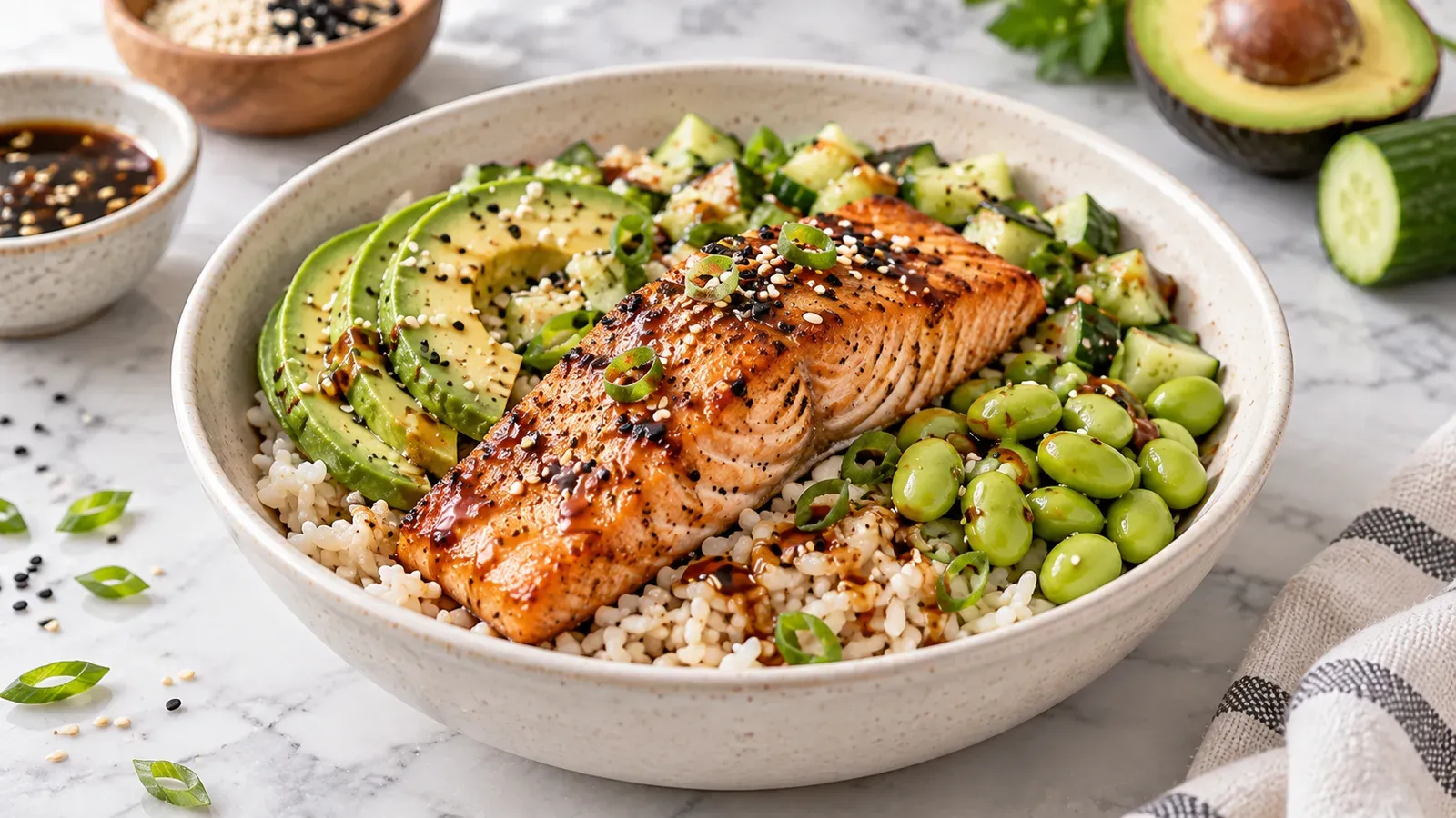 A salmon rice bowl with avocado, cucumber, and edamame, finished with a soy-sesame dressing