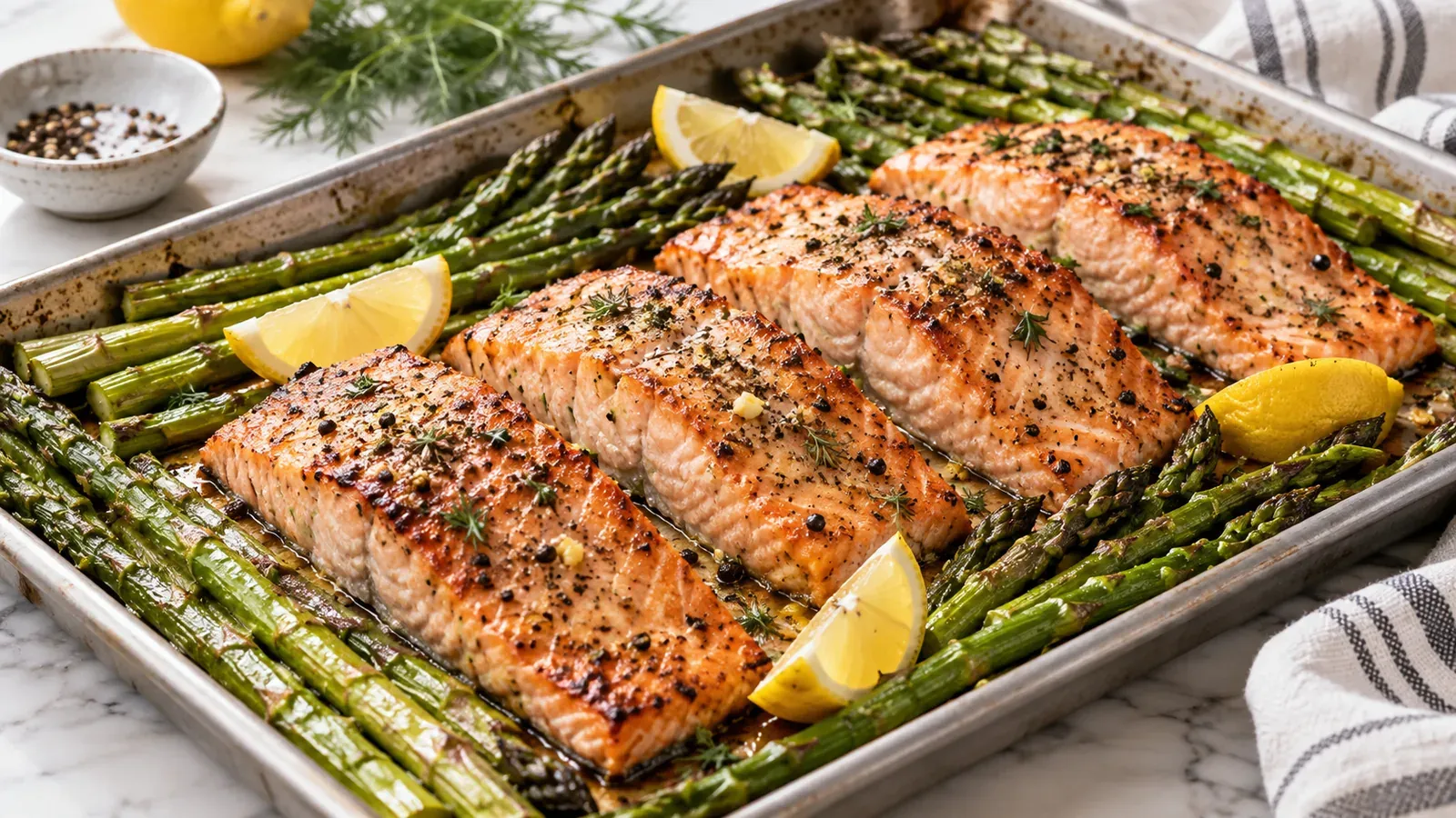 Sheet-pan salmon fillets and roasted asparagus with lemon wedges