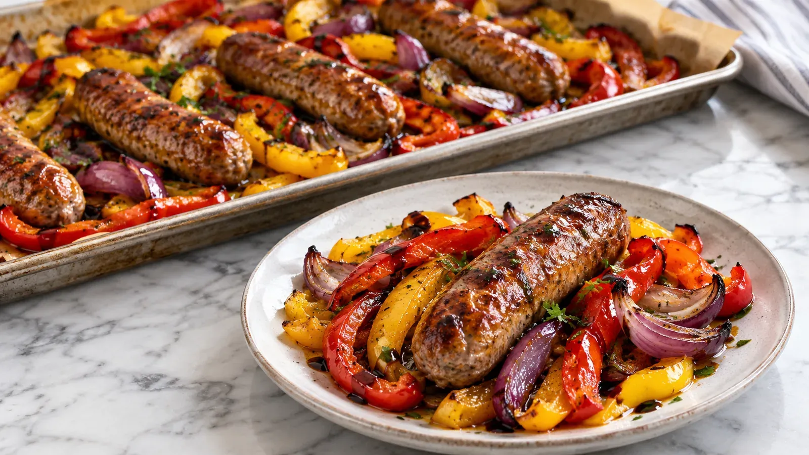 Roasted Italian sausage links with bell peppers and red onion on a sheet pan, plated with a balsamic drizzle