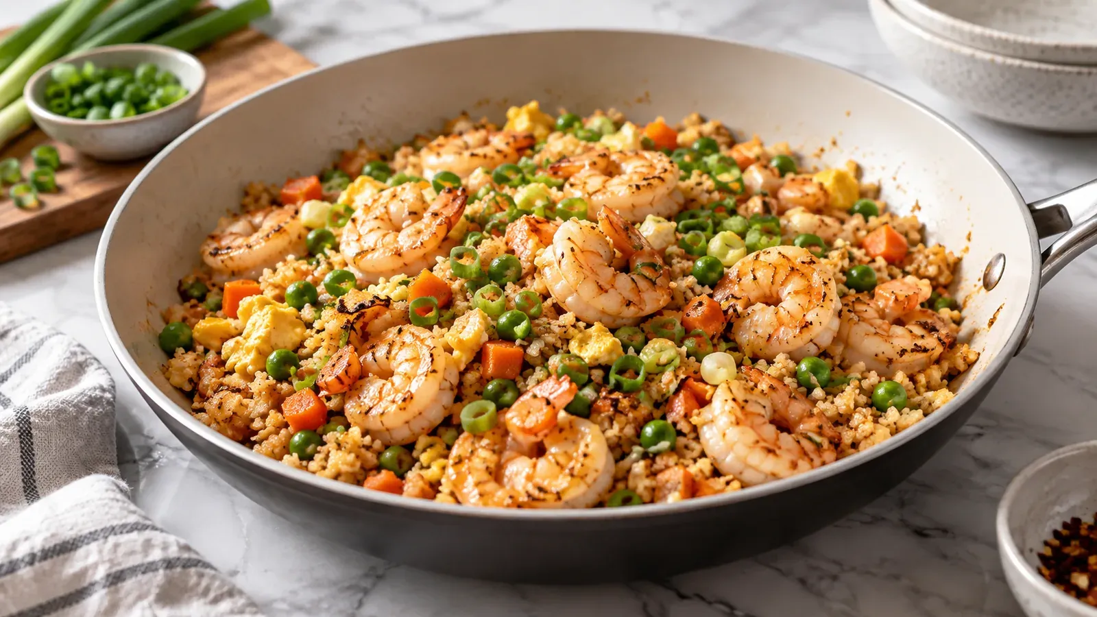 A skillet of shrimp and cauliflower rice stir-fry with peas and carrots