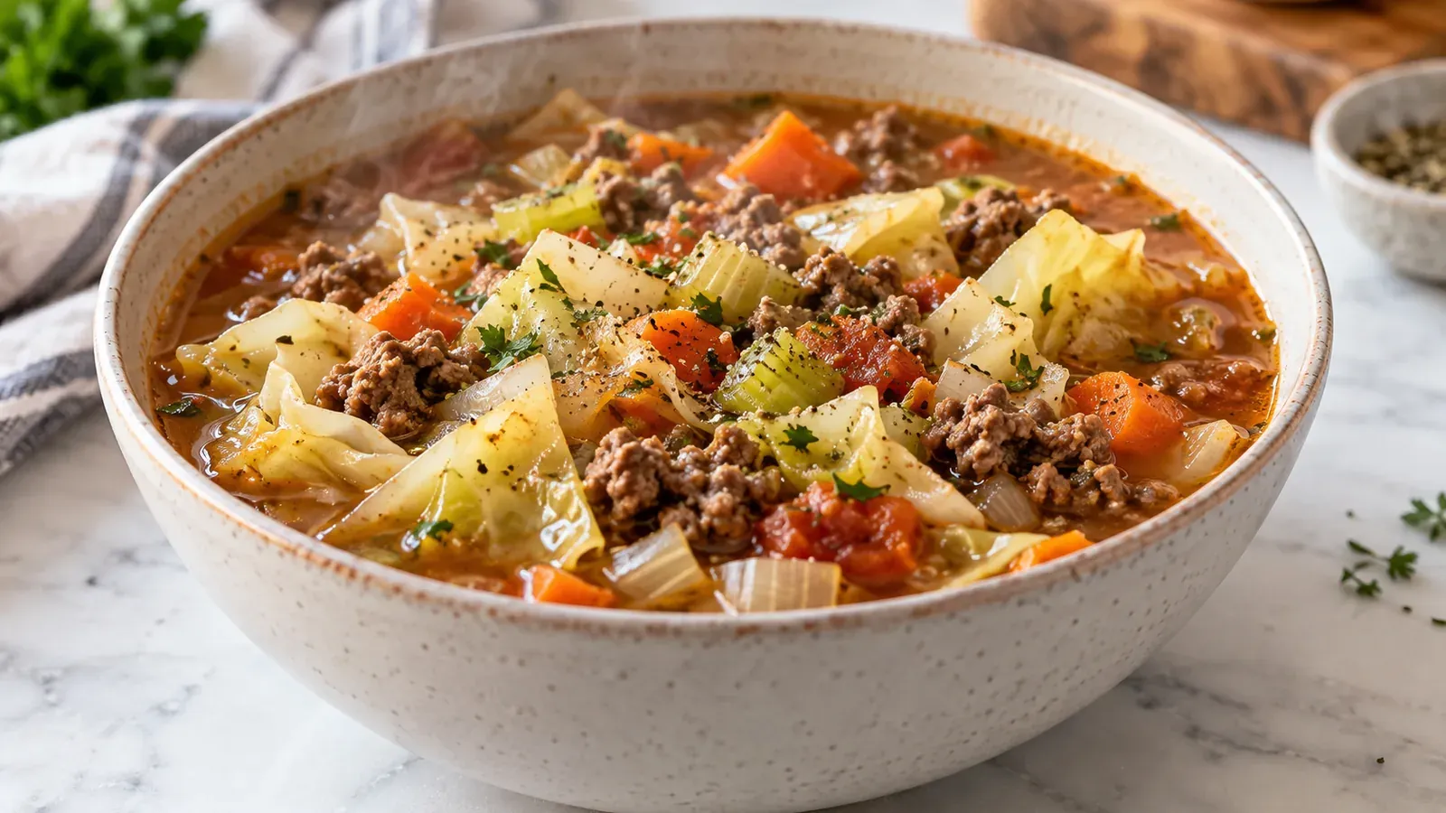 A bowl of slow cooker beef and cabbage soup with carrots and celery