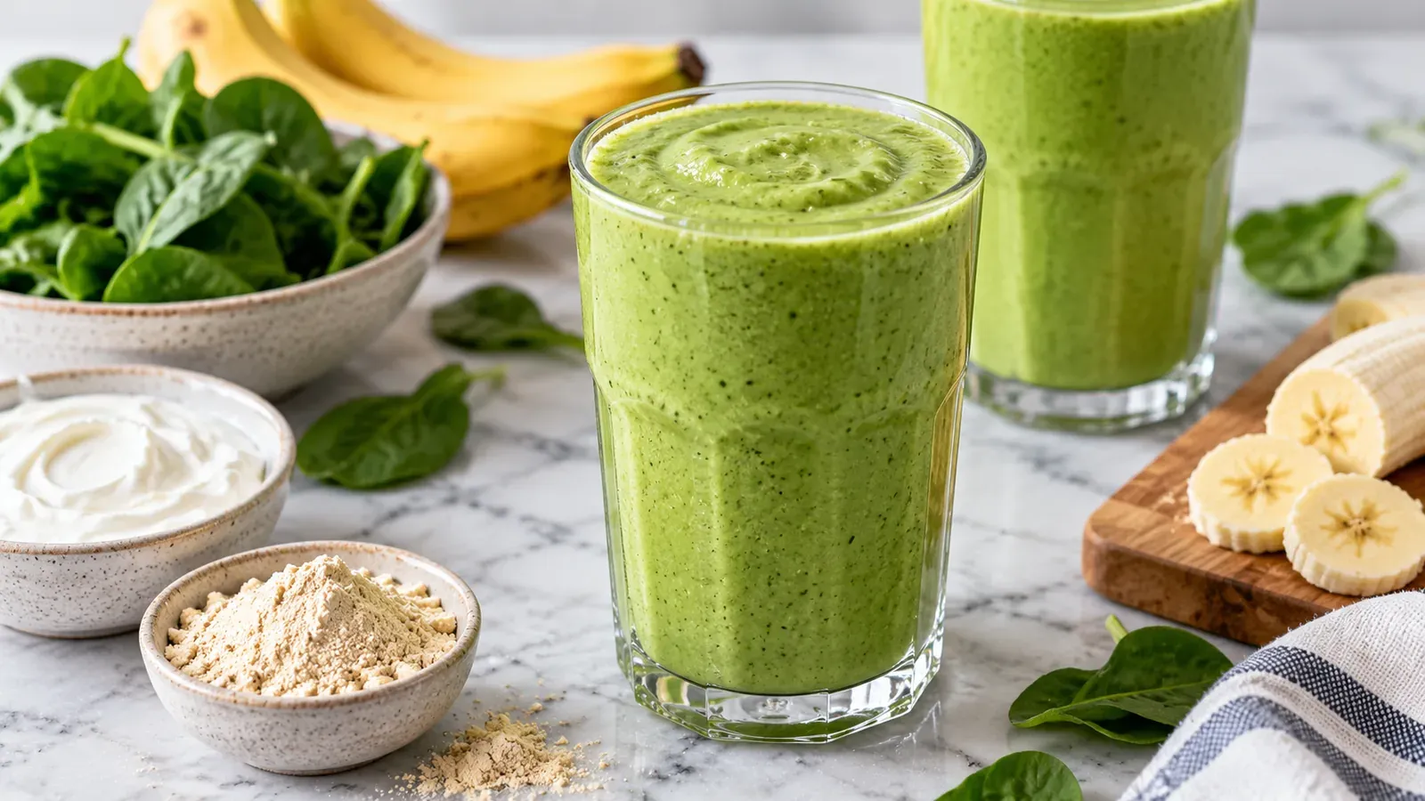 A glass of green high-protein smoothie with spinach, banana, and protein powder nearby