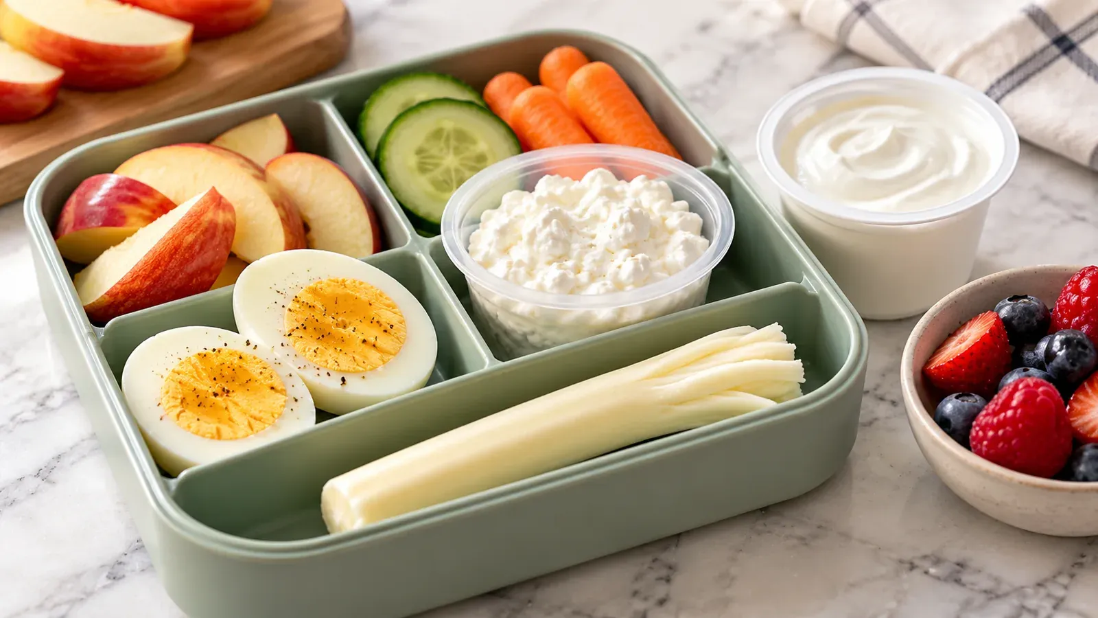 Kid-friendly high-protein snack box with string cheese, hard-boiled eggs, cottage cheese, Greek yogurt, fruit, and vegetables.