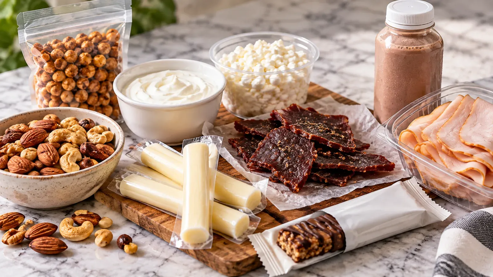 Unbranded store-bought high-protein snacks including yogurt, cottage cheese, string cheese, jerky, deli meat, nuts, roasted chickpeas, protein bar, and shake.