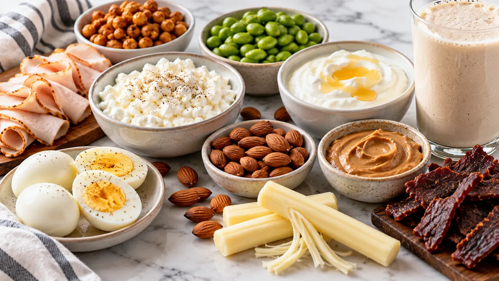 High-protein snack spread with cottage cheese, Greek yogurt, eggs, deli turkey, jerky, almonds, edamame, string cheese, and protein shake.