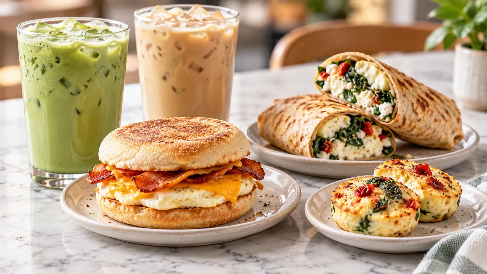 Starbucks-inspired high-protein breakfast with an iced matcha latte, an iced latte, a bacon and egg English muffin sandwich, a spinach and egg white wrap, and egg bites on a marble table