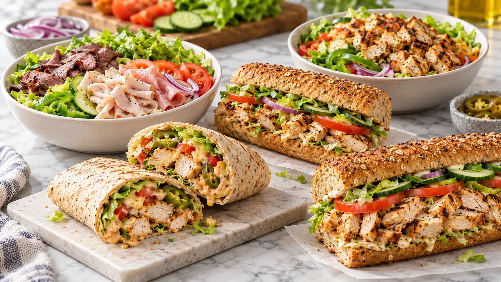 Subway-inspired high-protein spread with grilled chicken subs on multigrain bread, grilled chicken wraps, and protein bowls with deli meats and grilled chicken