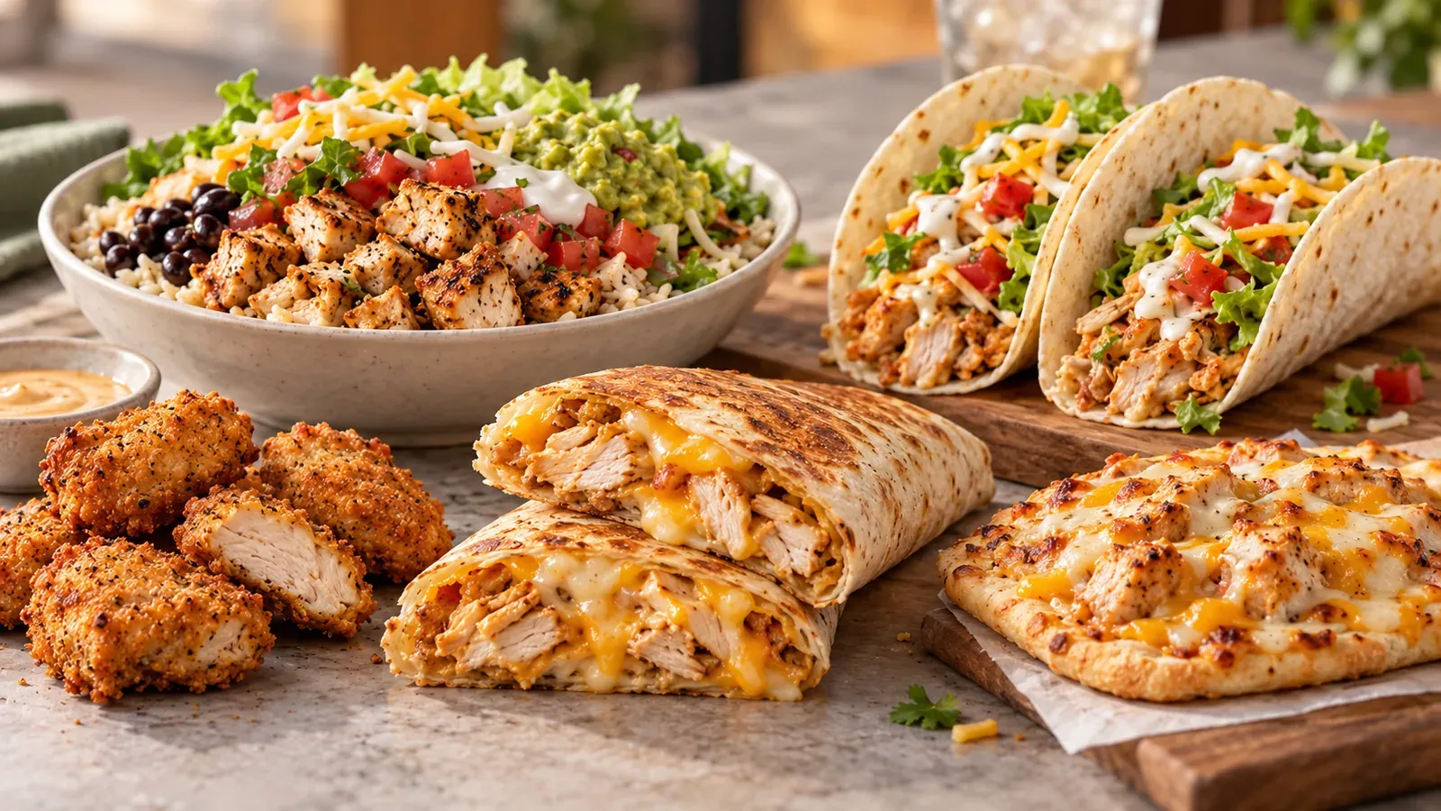 Taco Bell-inspired high-protein spread with a chicken rice bowl, chicken soft tacos, crispy chicken nuggets, a grilled chicken quesadilla, and a cheesy chicken flatbread