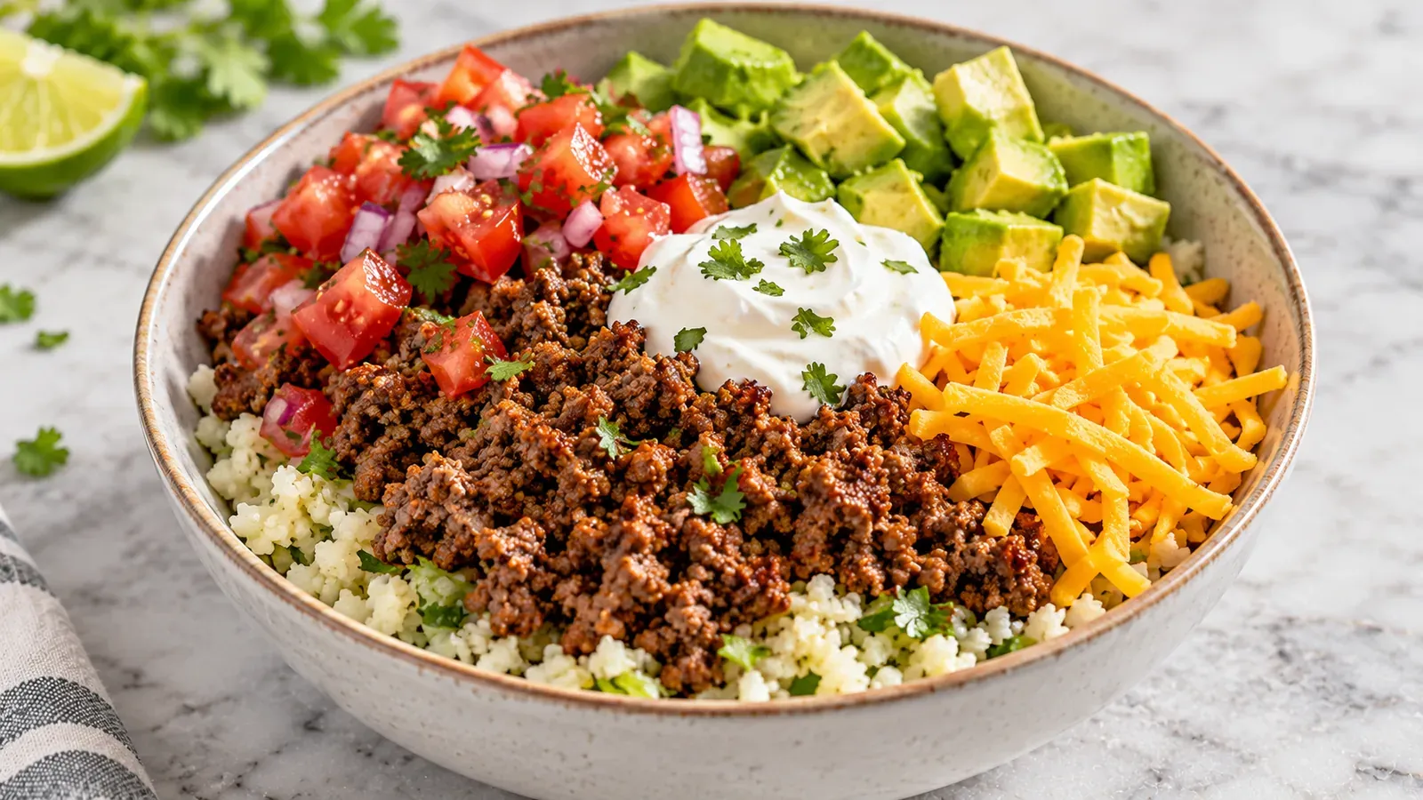 A high-protein taco bowl with seasoned ground beef over cauliflower rice, topped with pico de gallo, avocado, shredded cheddar, Greek yogurt, and cilantro