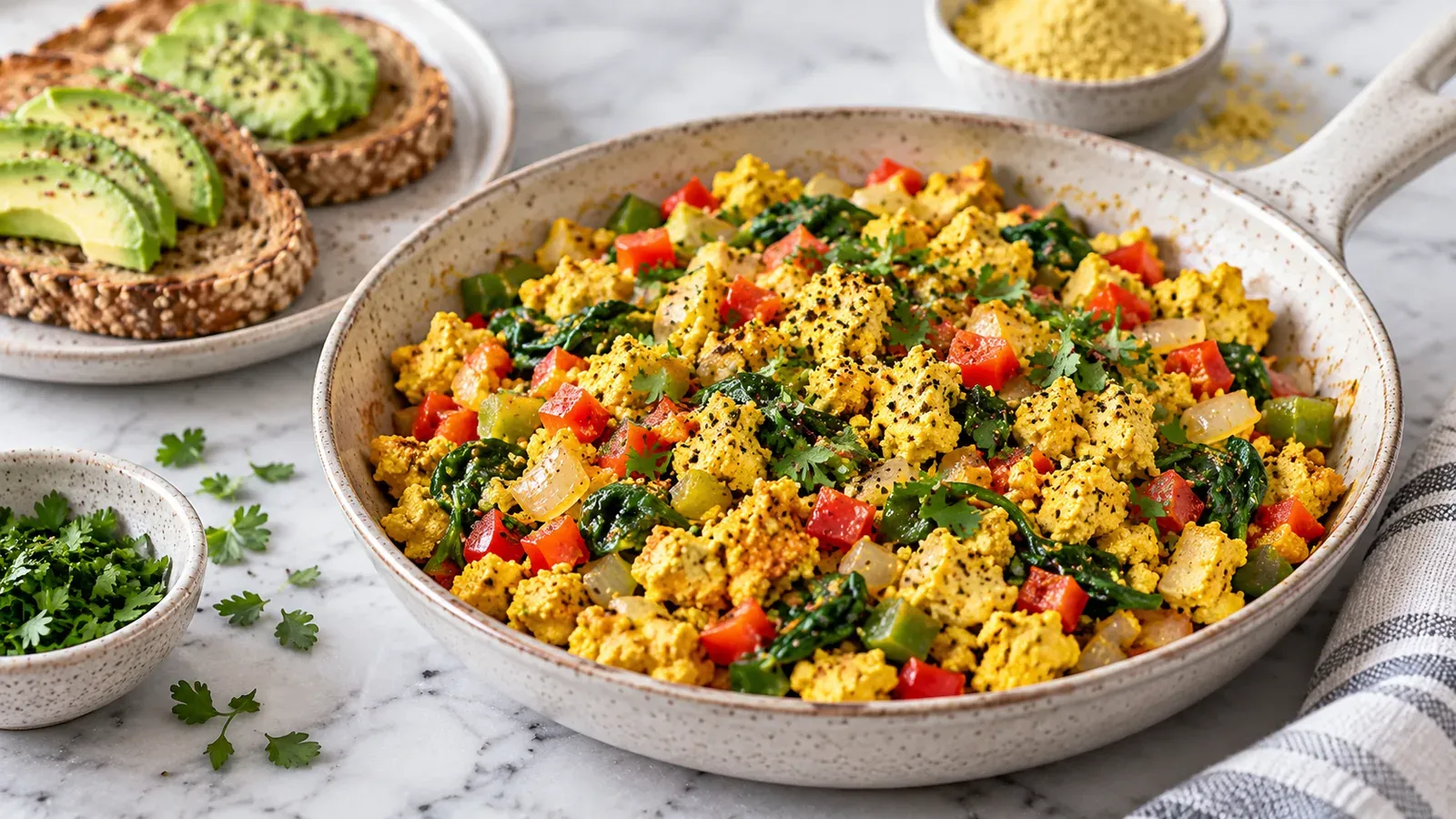 A skillet of high-protein tofu scramble with bell peppers and spinach, avocado toast alongside