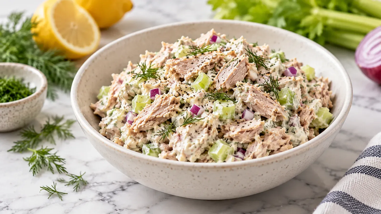 A bowl of high-protein tuna salad with celery, crackers alongside