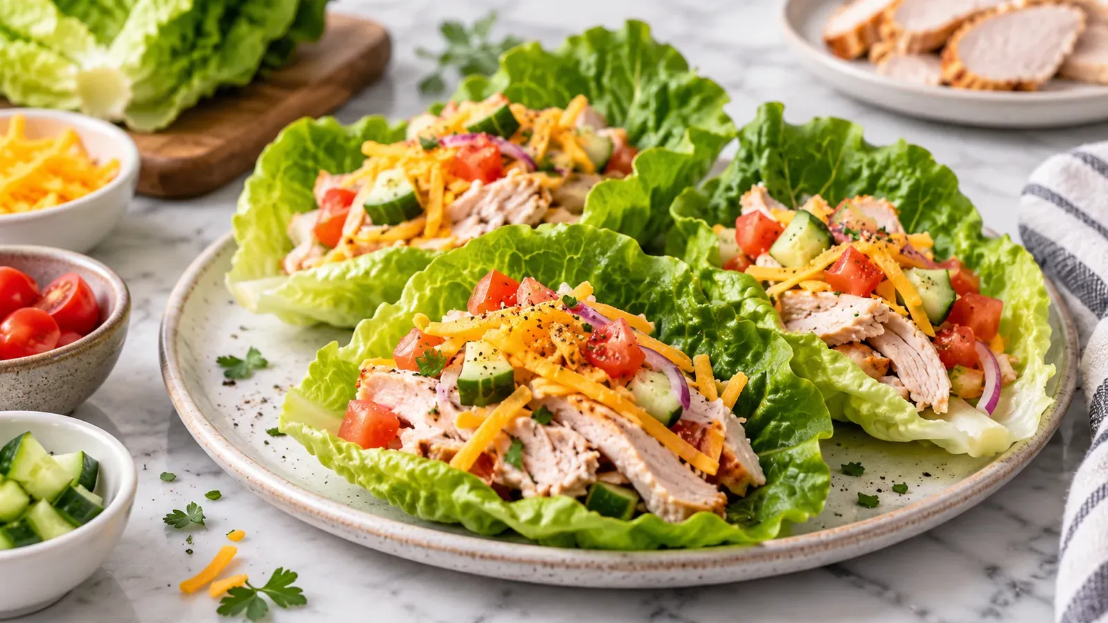 Turkey and cheese lettuce wraps topped with tomato, cucumber, and shredded cheddar