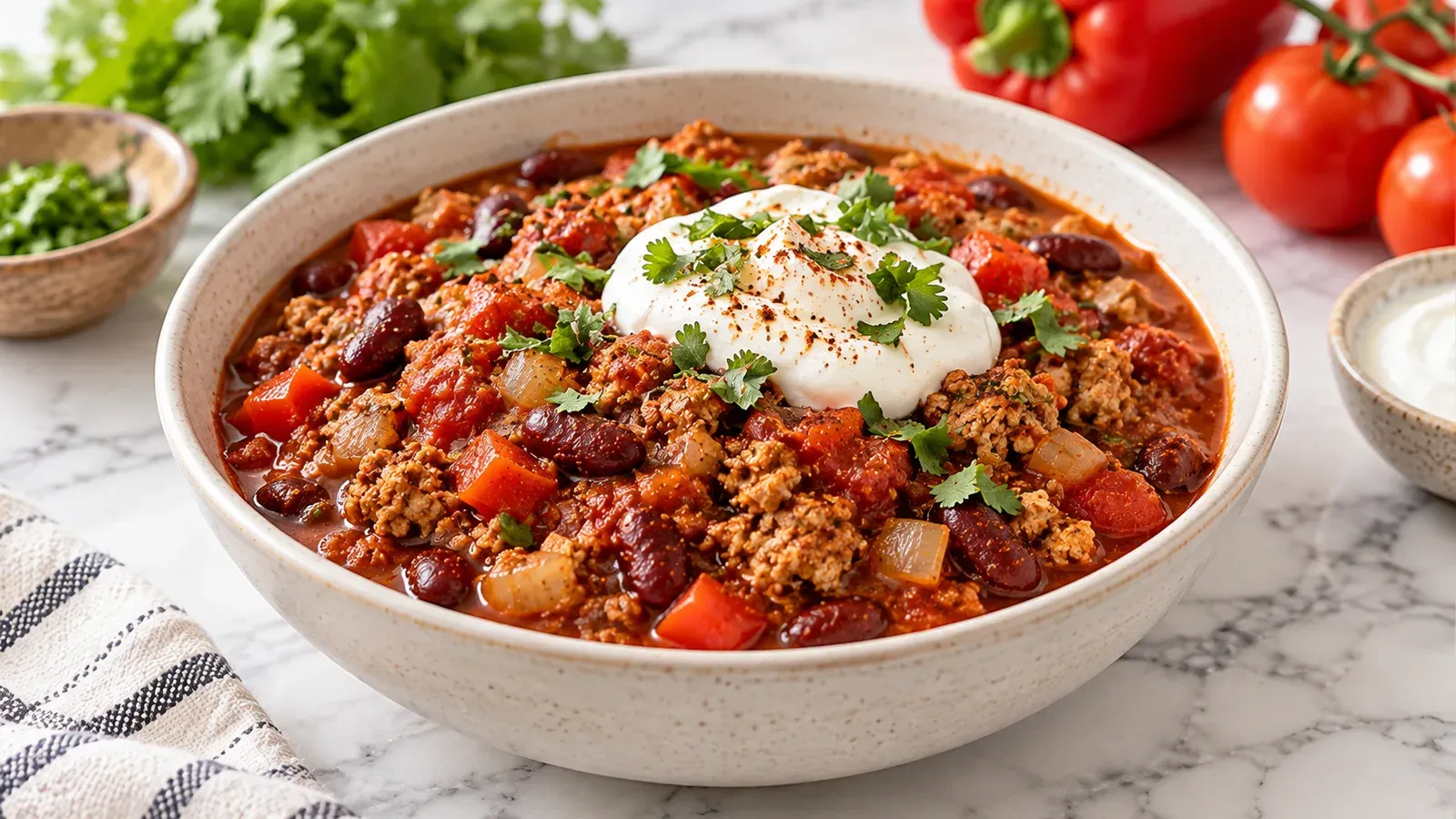 A bowl of slow cooker turkey chili with kidney beans, topped with cheese and green onion