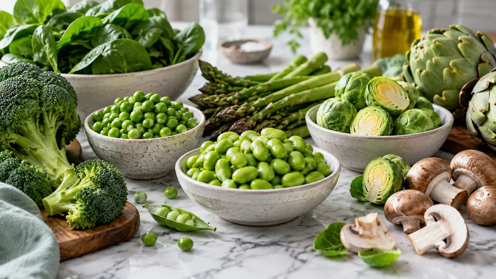Fresh green vegetables with the most protein, including broccoli, spinach, peas, edamame, asparagus, Brussels sprouts, artichokes, and mushrooms, displayed on a marble counter
