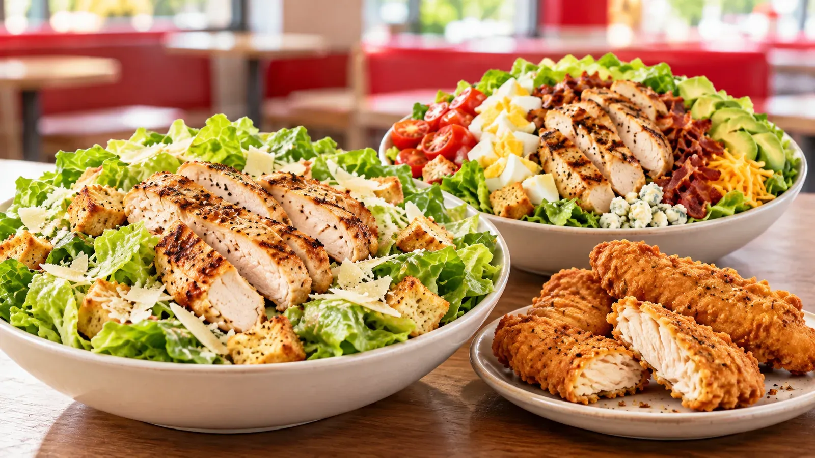 Wendy's-inspired high-protein spread with a grilled chicken Caesar salad, a Cobb salad with grilled chicken, bacon, egg, and avocado, and a plate of crispy chicken tenders