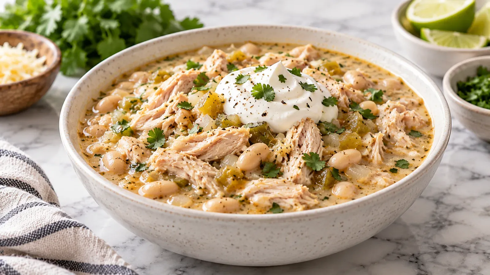 A bowl of high-protein white chicken chili with white beans, topped with sour cream and cilantro, lime wedges alongside