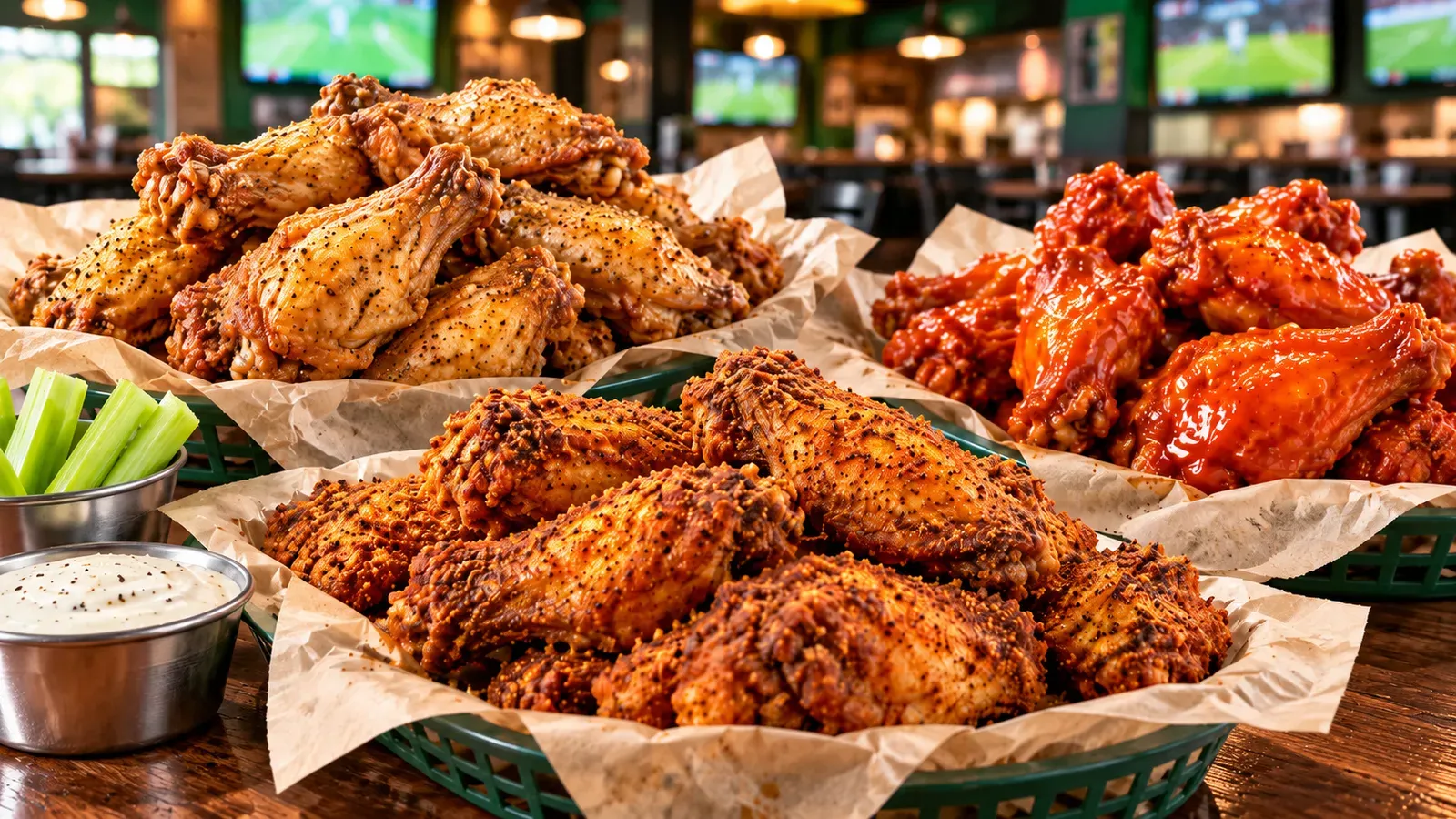 Wingstop-inspired high-protein spread with baskets of lemon pepper, dry-rubbed, and saucy red classic wings, with celery sticks and ranch on the side