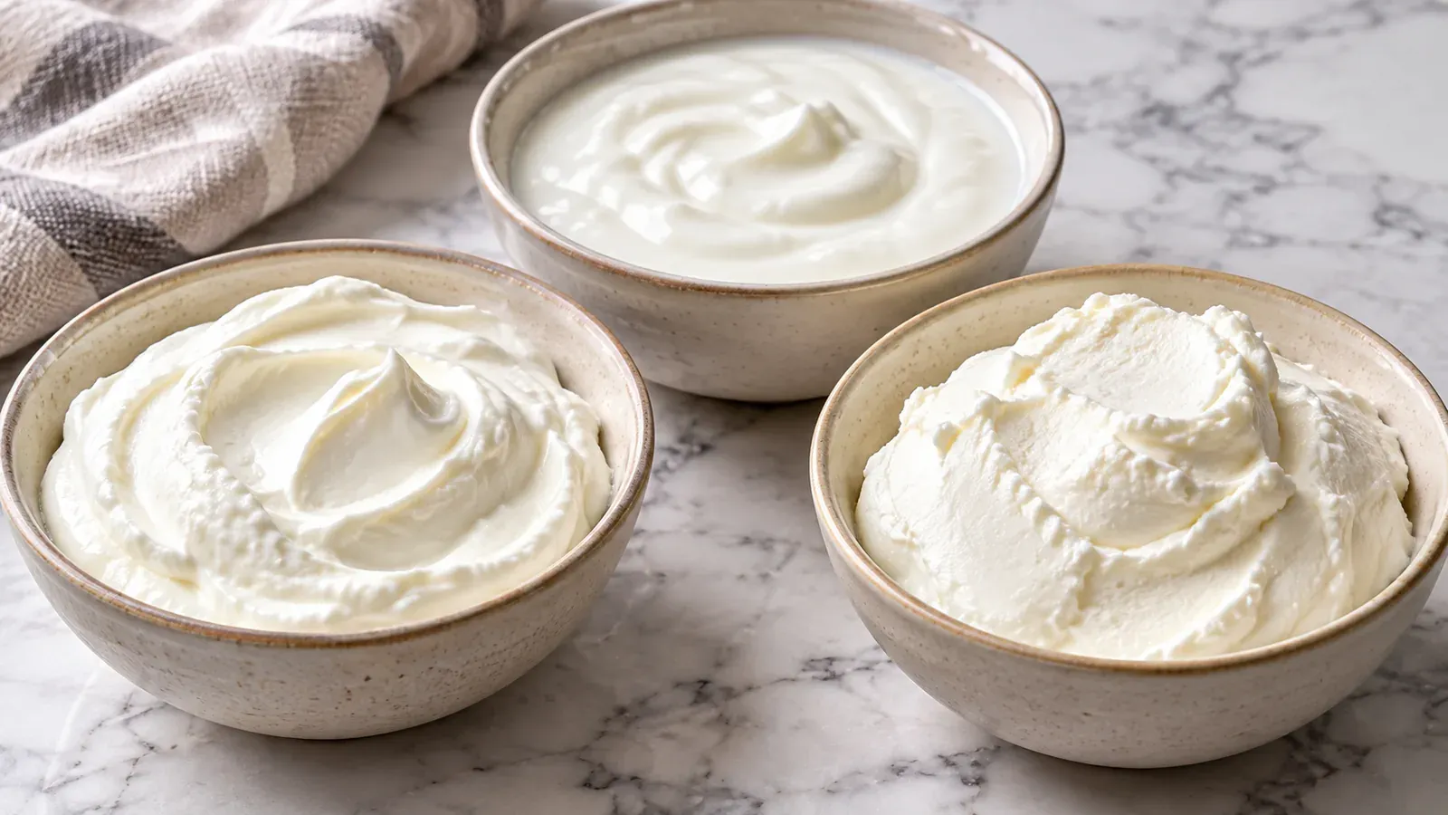 Three bowls of plain yogurt with different thicknesses representing Greek yogurt, regular yogurt, and skyr-style yogurt.