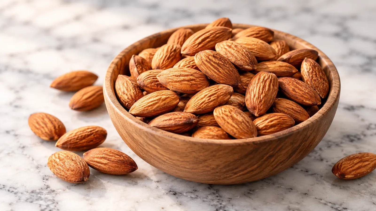 Whole almonds in a wooden bowl with a few almonds scattered on a marble counter.