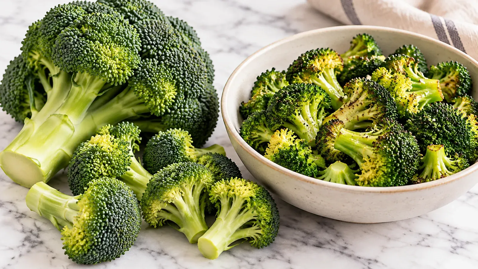 Fresh broccoli stalk and florets beside a bowl of cooked broccoli.