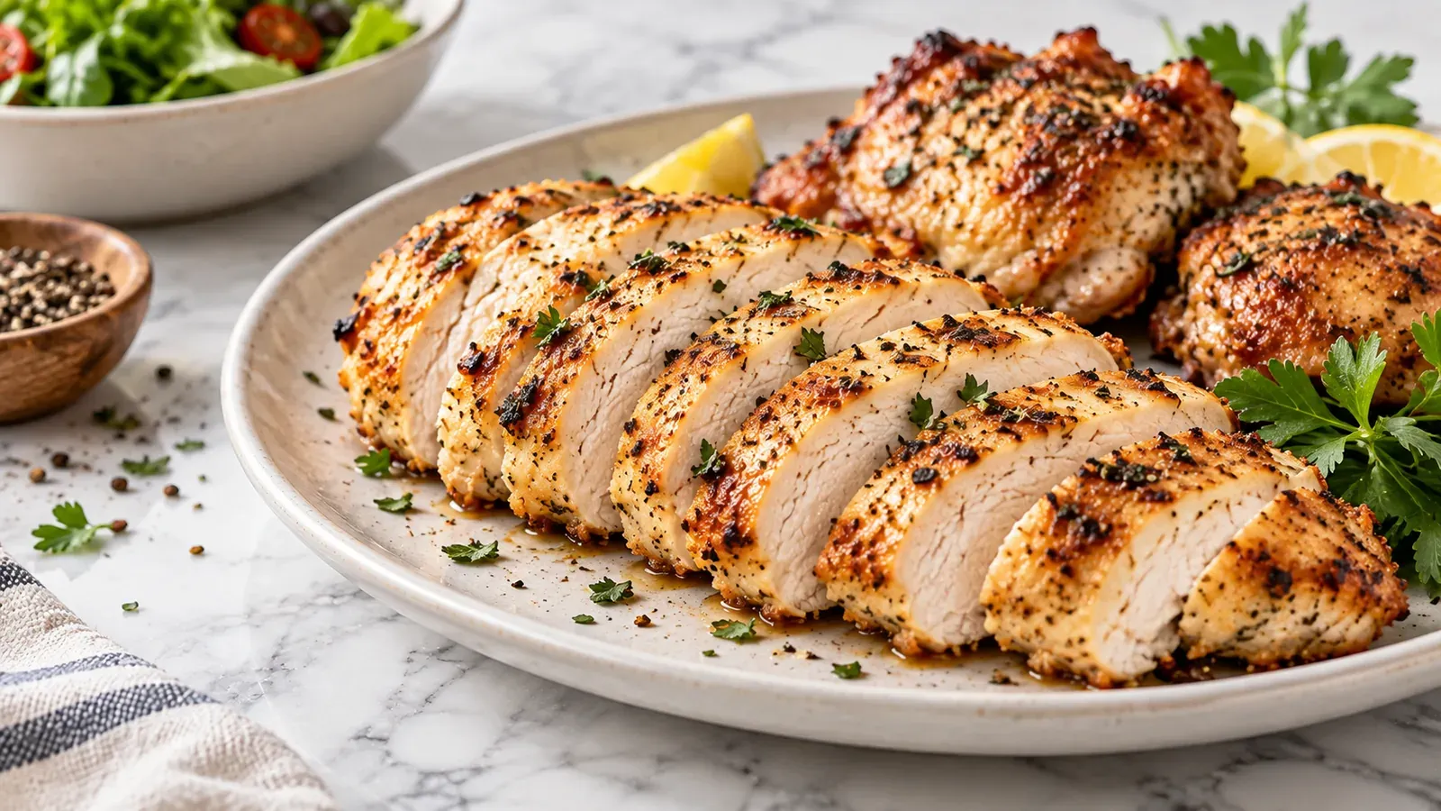 Sliced cooked chicken breast with cooked chicken thighs in the background.