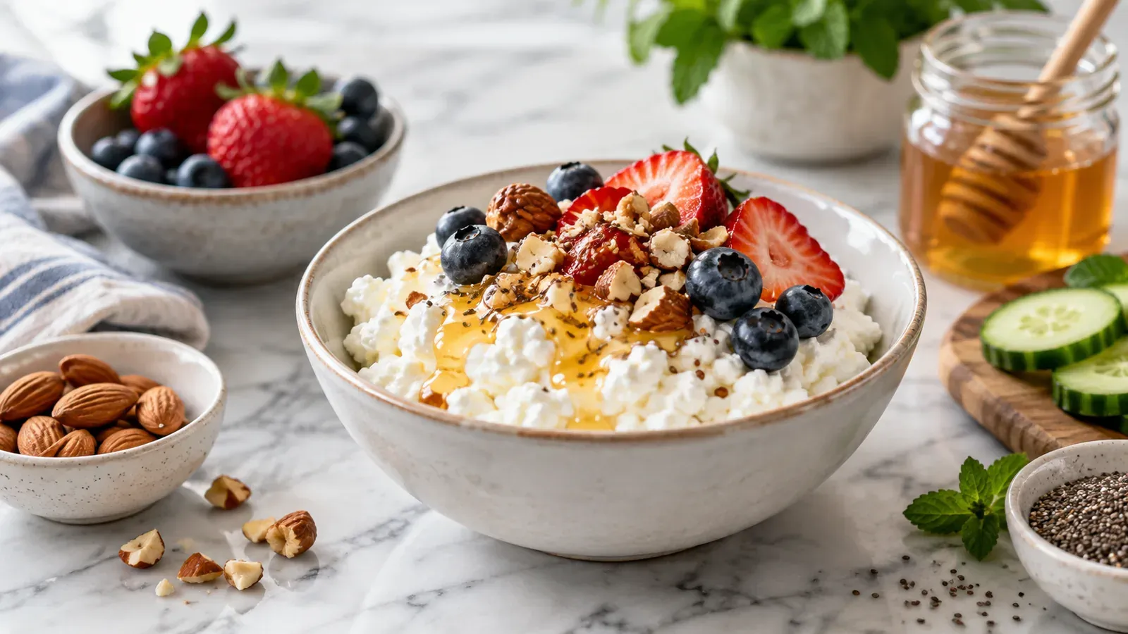Bowl of cottage cheese topped with strawberries, blueberries, almonds, chia seeds, and honey, styled as a high-protein breakfast on a marble countertop