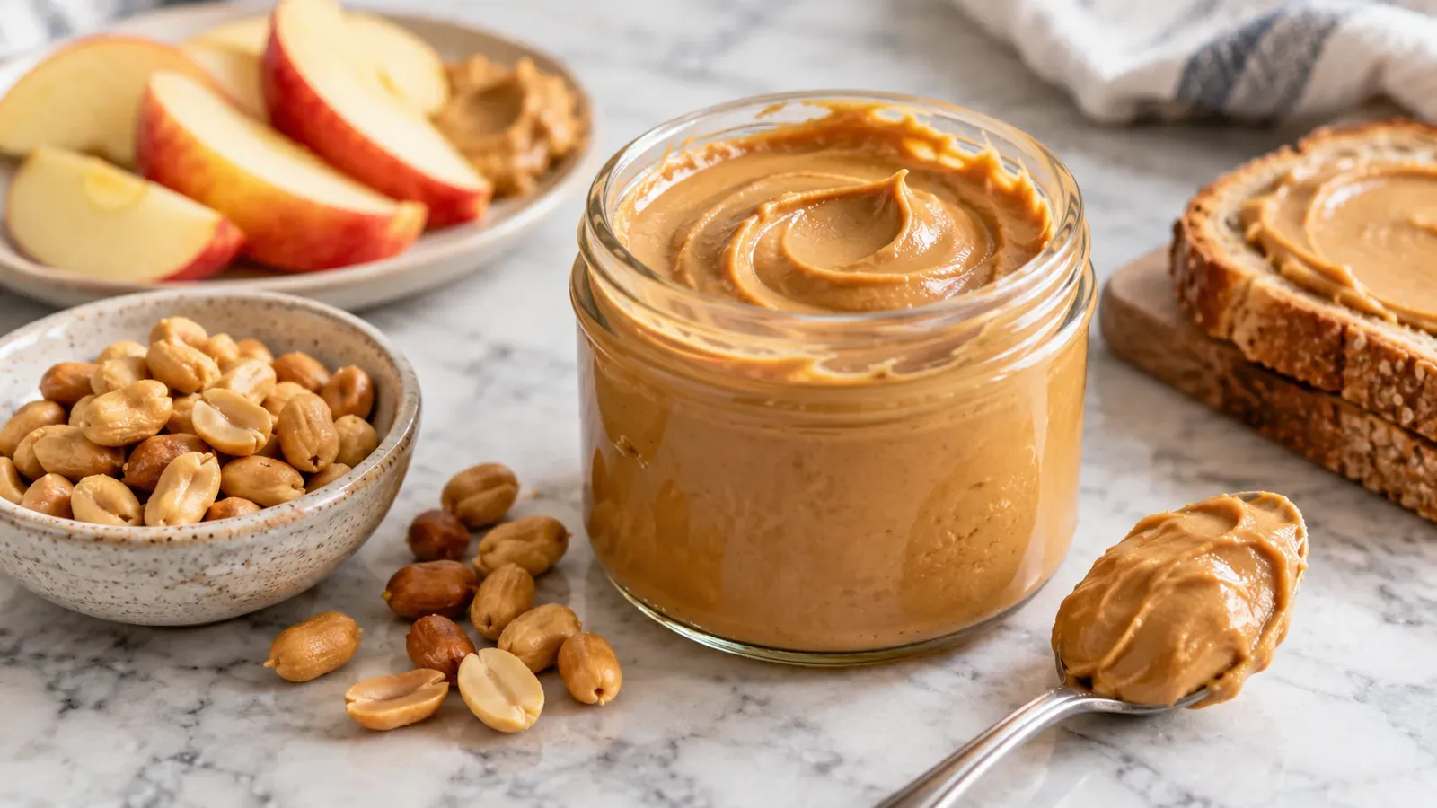 Jar of creamy peanut butter with peanuts, apple slices, and toast on a marble counter, illustrating peanut butter as a protein food