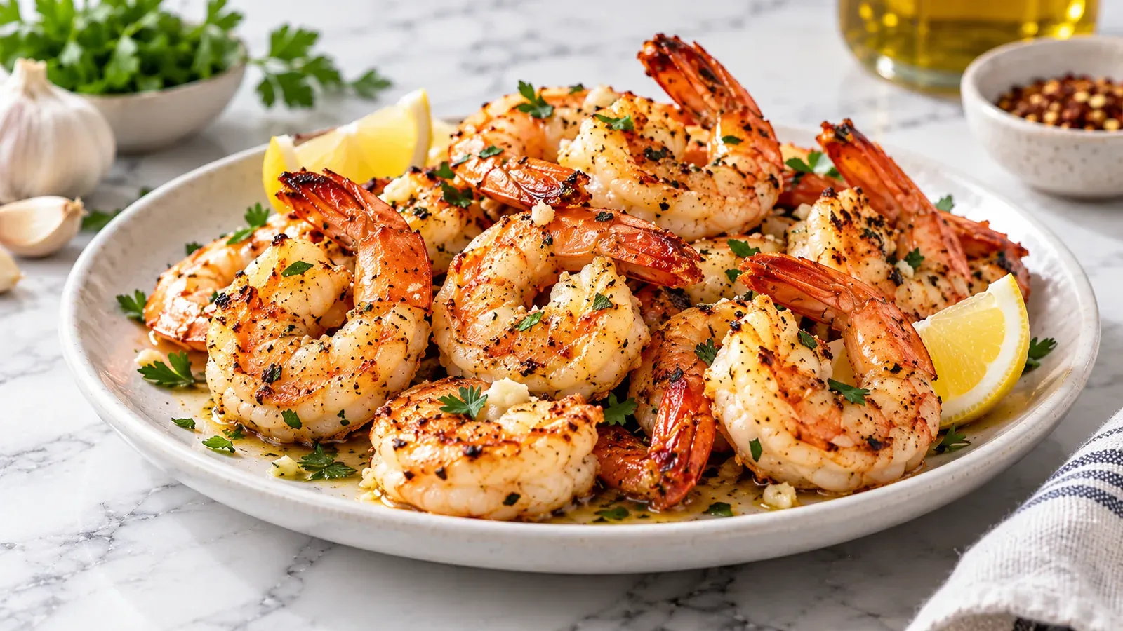 Cooked shrimp with lemon and herbs on a neutral ceramic plate.