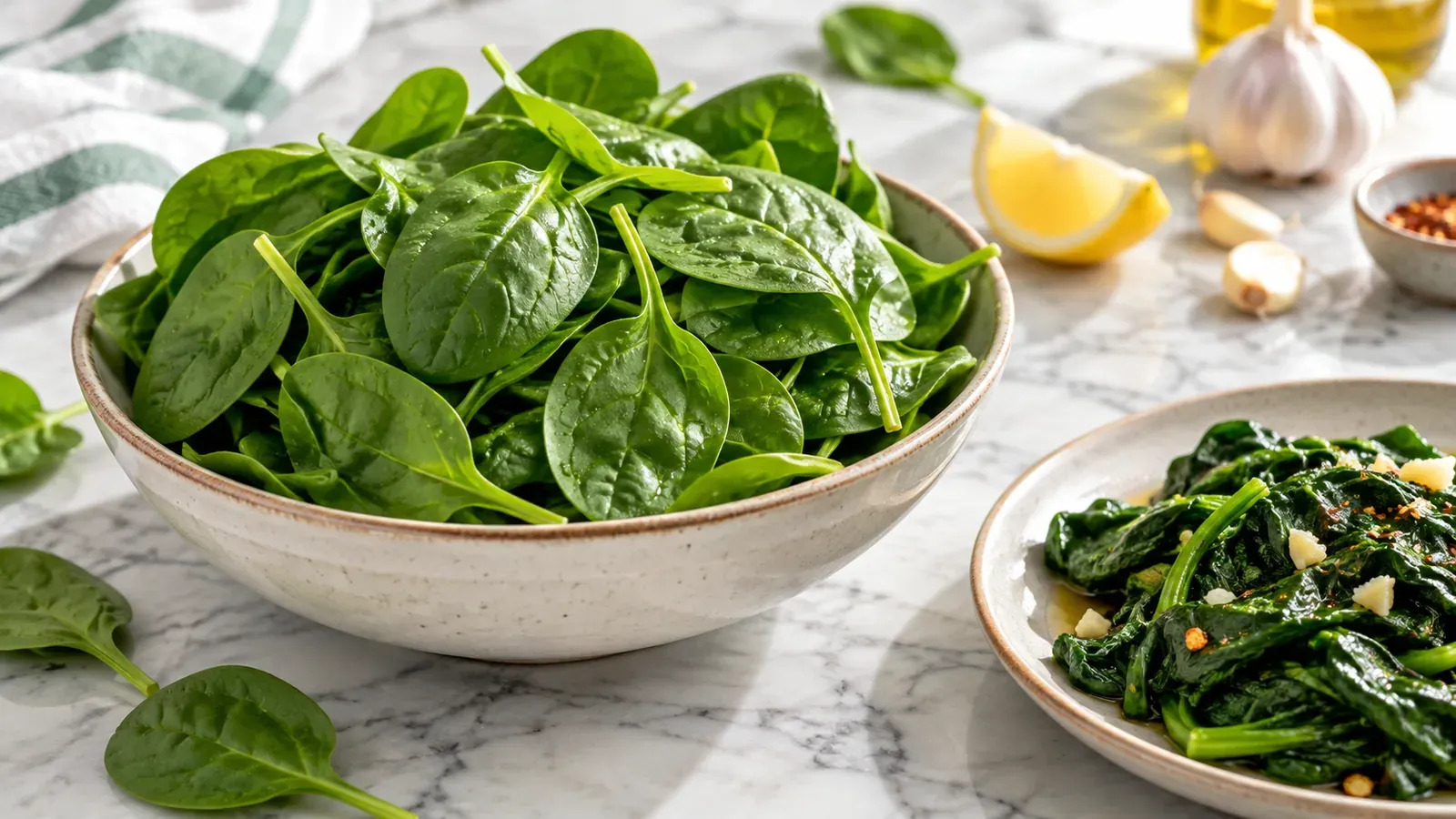 Fresh raw spinach beside cooked wilted spinach on a light marble counter.