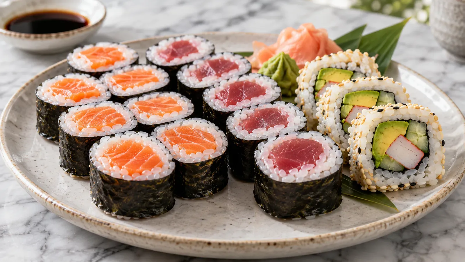 Assorted sushi with salmon rolls, tuna rolls, and California-style rolls on a neutral plate.