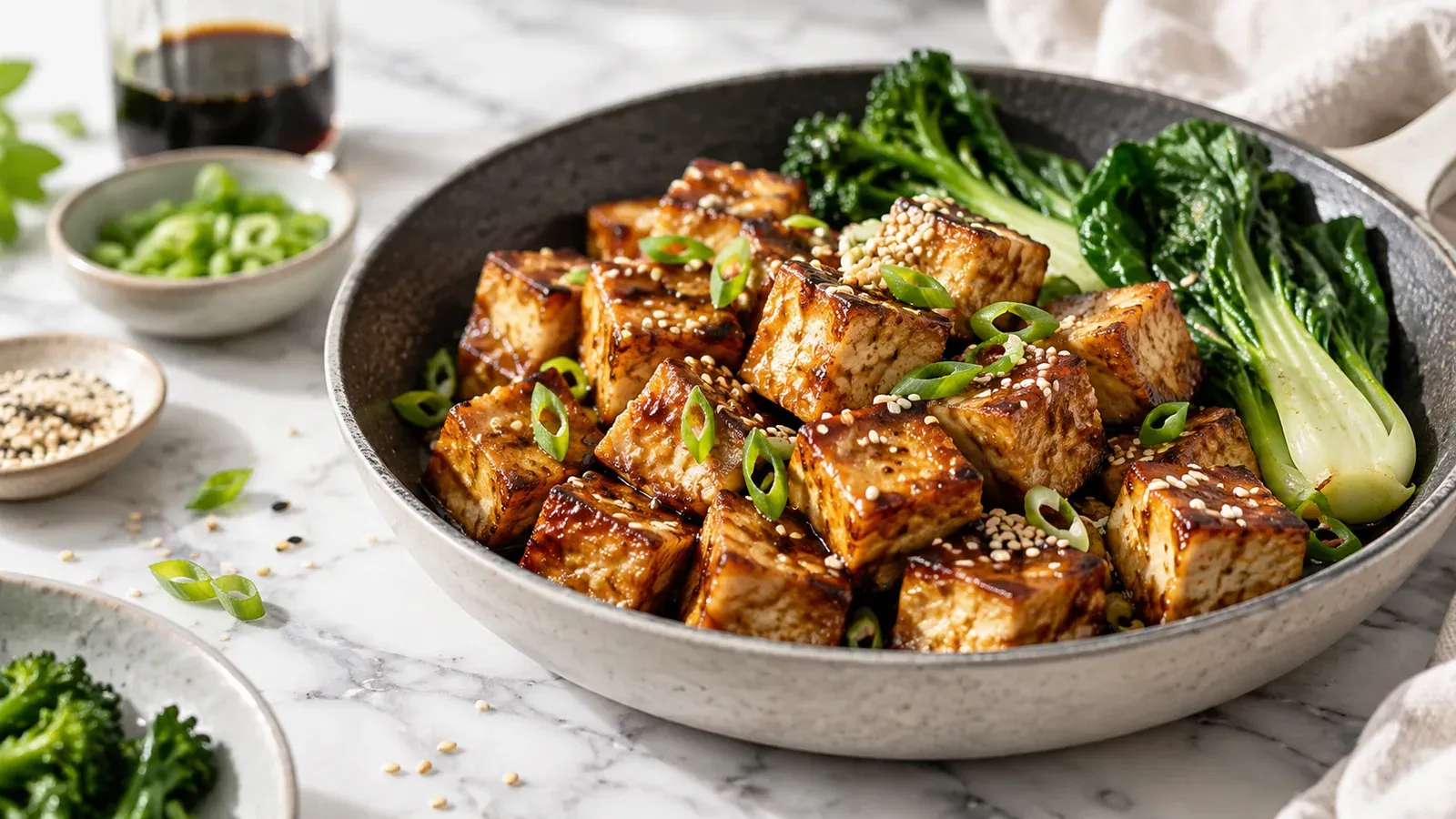 Skillet of glossy sesame tofu with bok choy and green onions, photographed as a protein-rich tofu meal on a marble counter