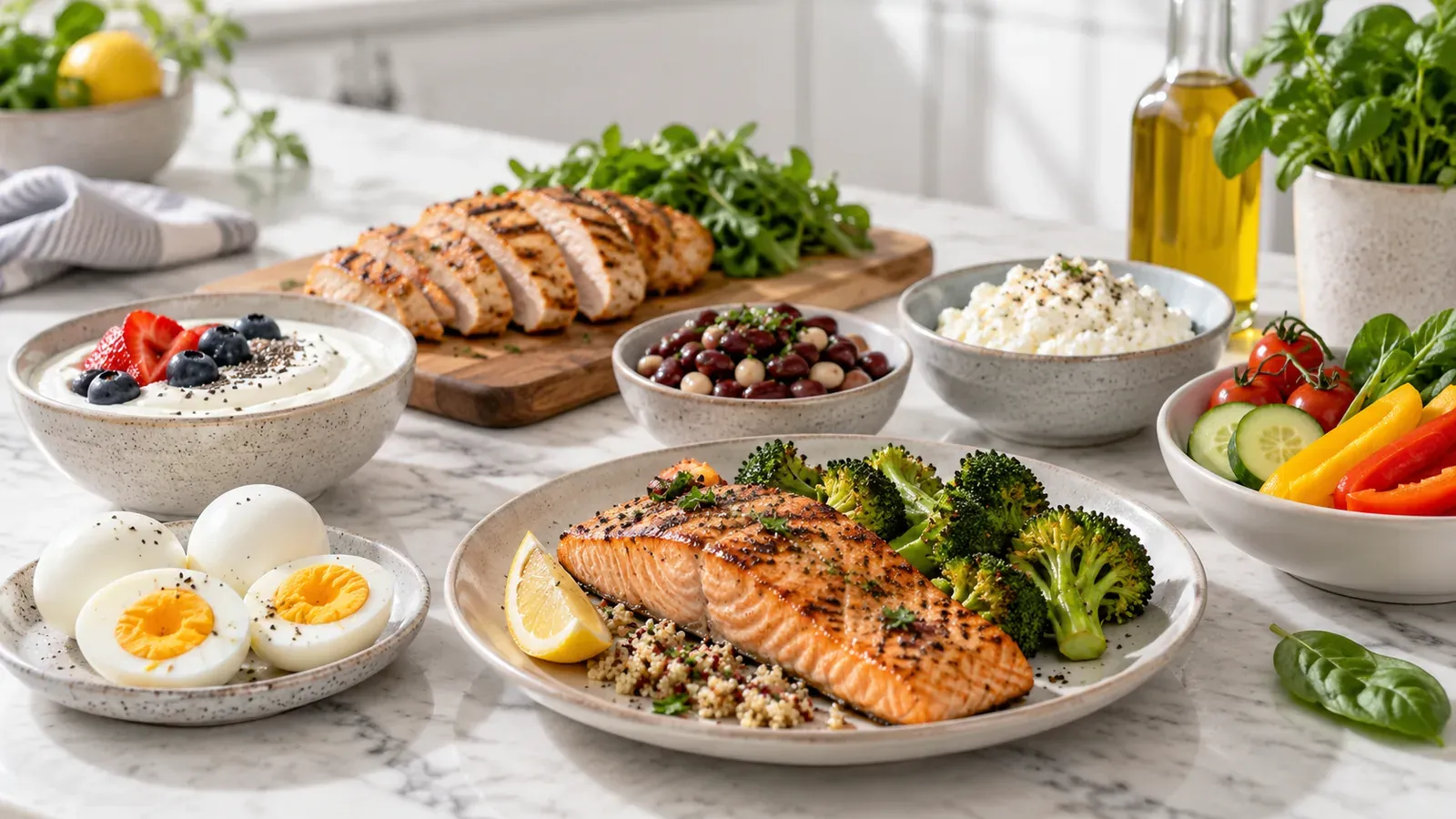 Balanced high-protein meal spread featuring salmon, grilled chicken, eggs, yogurt, cottage cheese, beans, vegetables, and fruit on a marble countertop